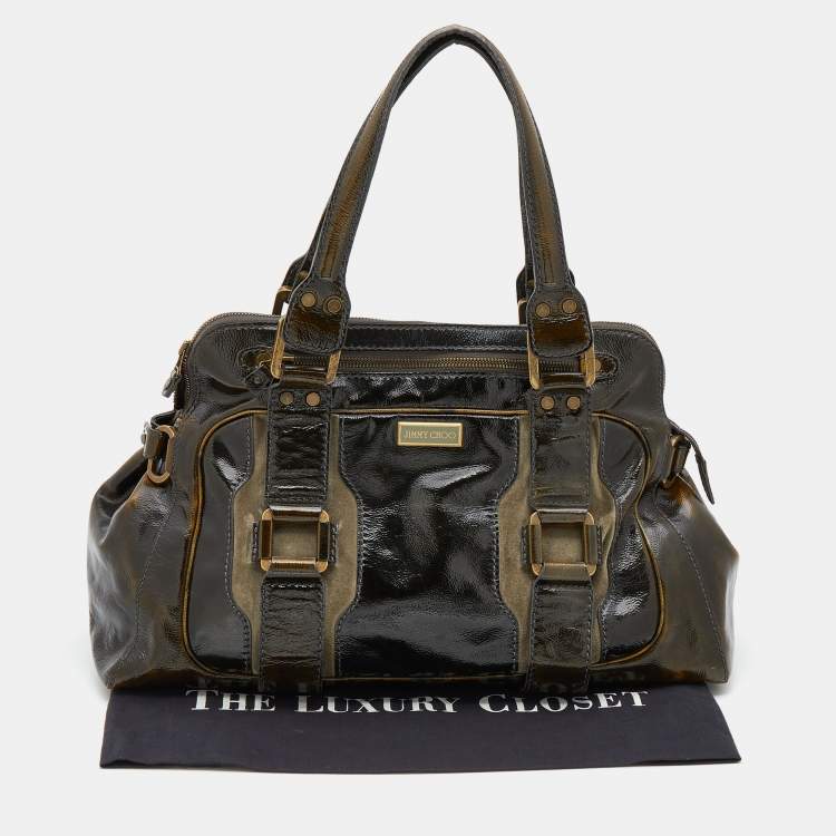 Pre Owned Jimmy Choo Dark Olive Patent Leather and Suede Malena Satchel