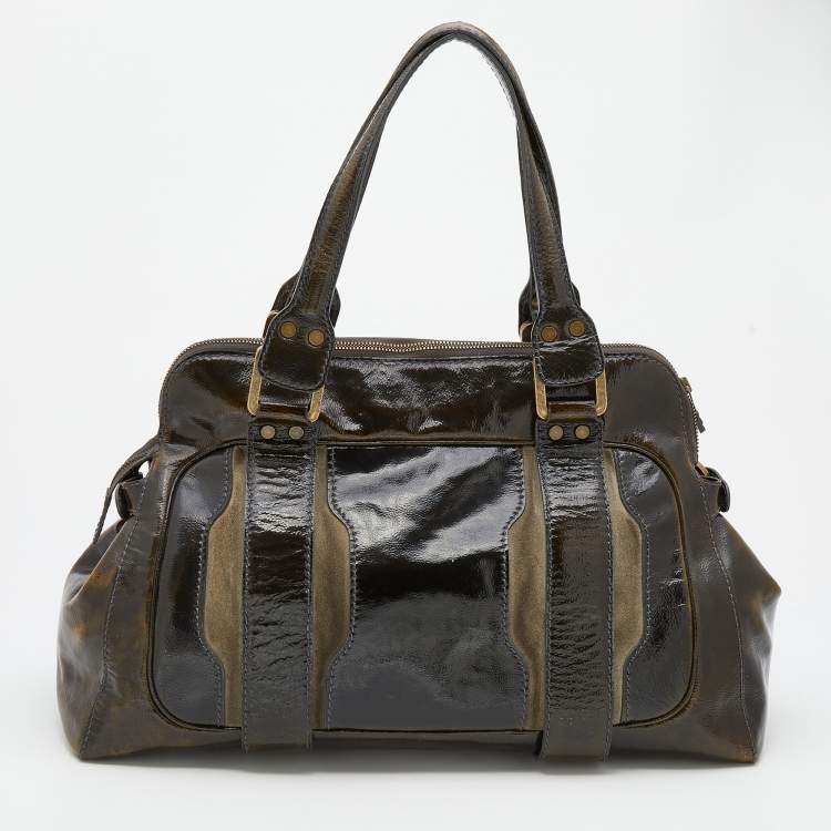 Pre Owned Jimmy Choo Dark Olive Patent Leather and Suede Malena Satchel