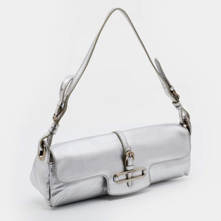 Pre Owned Jimmy Choo Metallic Silver Leather Tulita Pochette
