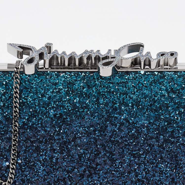 Pre Owned Jimmy Choo Blue Coarse Glitter Celeste Clutch 