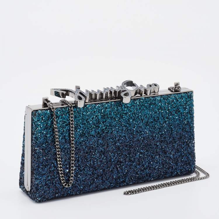 Pre Owned Jimmy Choo Blue Coarse Glitter Celeste Clutch 