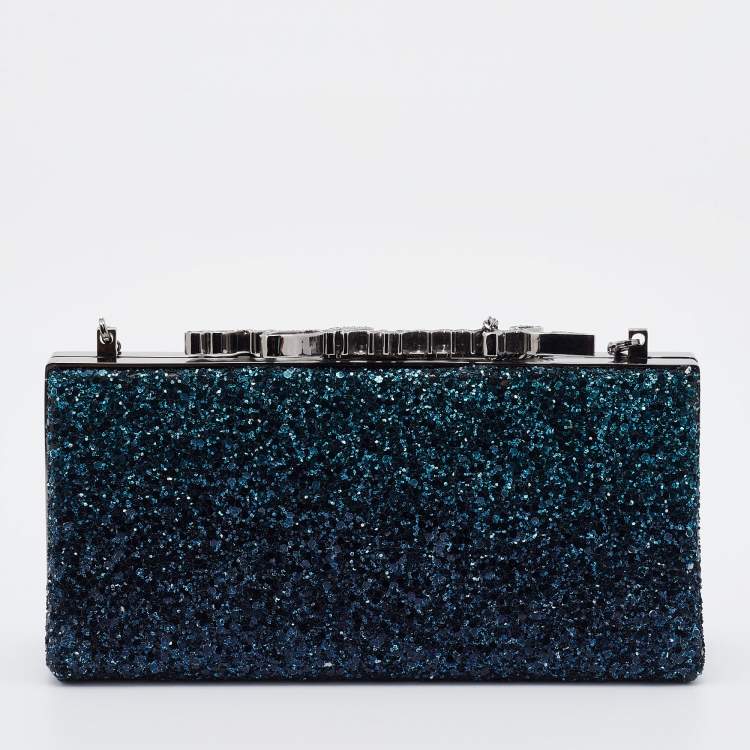 Pre Owned Jimmy Choo Blue Coarse Glitter Celeste Clutch 