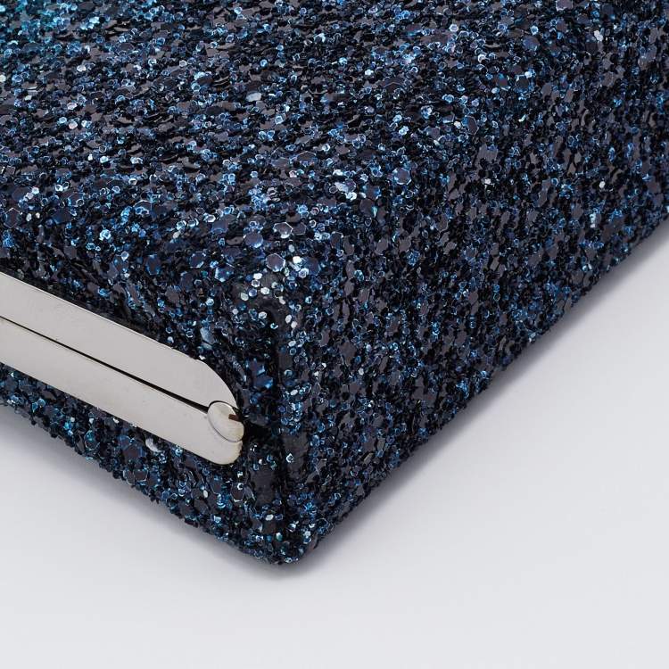 Pre Owned Jimmy Choo Blue Coarse Glitter Celeste Clutch 