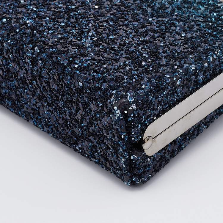 Pre Owned Jimmy Choo Blue Coarse Glitter Celeste Clutch 