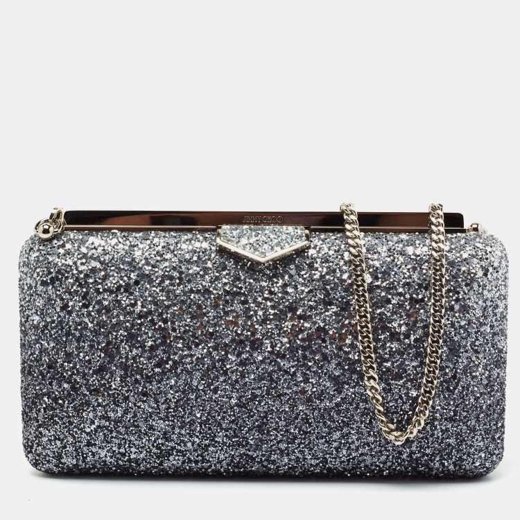 Pre Owned Jimmy Choo Navy/Blue Coarse Glitter Ellipse Chain Clutch
