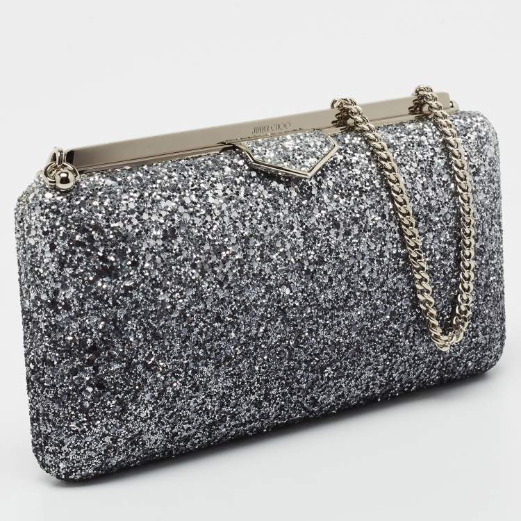 Pre Owned Jimmy Choo Navy/Blue Coarse Glitter Ellipse Chain Clutch
