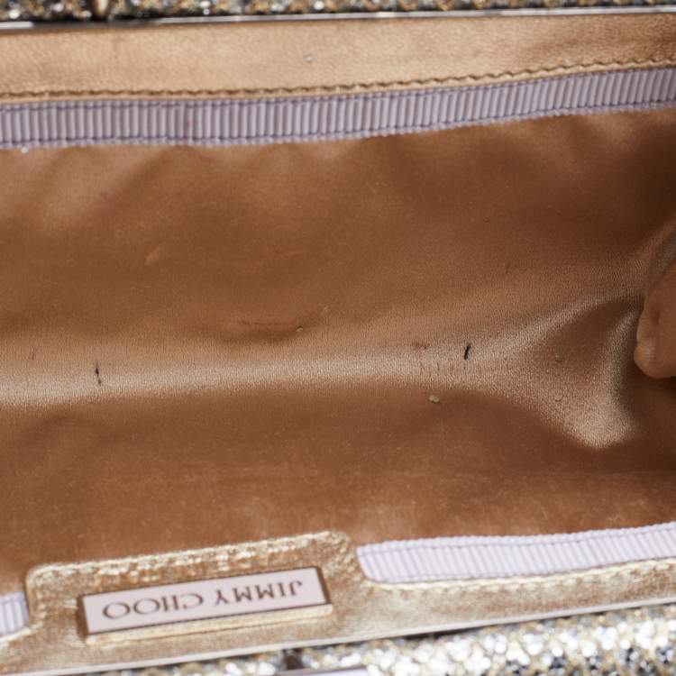 Pre Owned Jimmy Choo Metallic Gold Glitter Fabric Tube Clutch