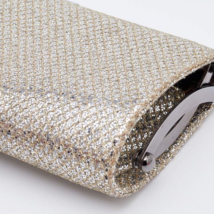 Pre Owned Jimmy Choo Metallic Gold Glitter Fabric Tube Clutch