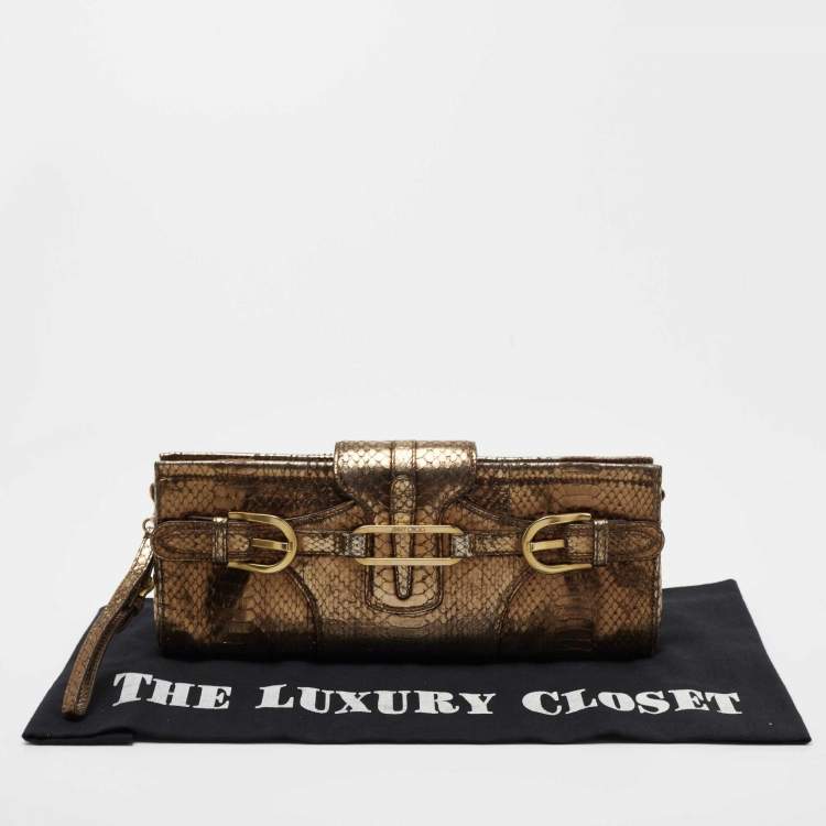 Pre Owned Jimmy Choo Metallic Bronze Python Tulita Wristlet Clutch
