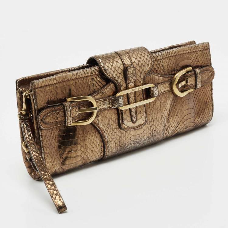 Pre Owned Jimmy Choo Metallic Bronze Python Tulita Wristlet Clutch