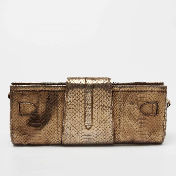 Pre Owned Jimmy Choo Metallic Bronze Python Tulita Wristlet Clutch