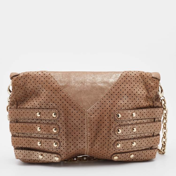 Pre Owned Jimmy Choo Metallic Beige Suede Brix Convertible Shoulder Bag