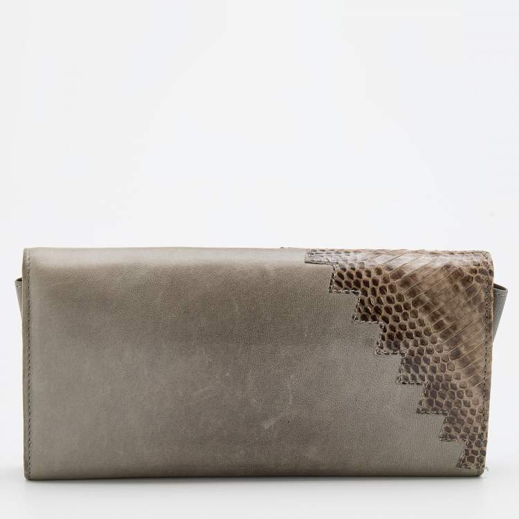 Pre Owned Jimmy Choo Grey/Beige Water Snake and Leather Flap Clutch