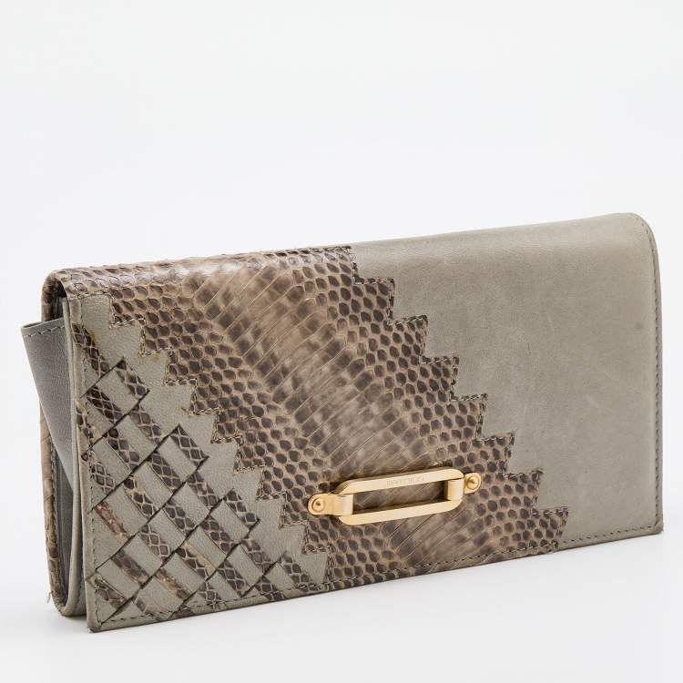 Pre Owned Jimmy Choo Grey/Beige Water Snake and Leather Flap Clutch