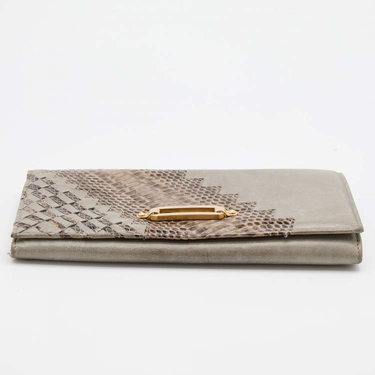 Pre Owned Jimmy Choo Grey/Beige Water Snake and Leather Flap Clutch