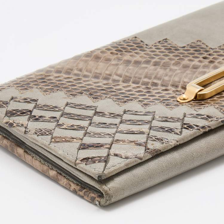 Pre Owned Jimmy Choo Grey/Beige Water Snake and Leather Flap Clutch