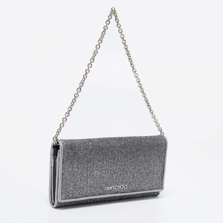 Pre Owned Jimmy Choo Metallic/Silver Glitter and Leather Flap Wallet on Chain