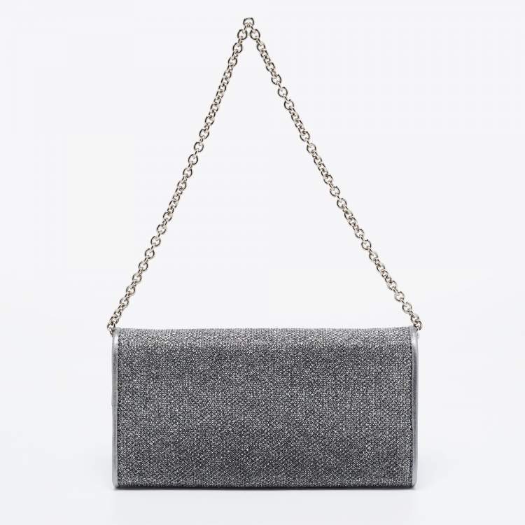 Pre Owned Jimmy Choo Metallic/Silver Glitter and Leather Flap Wallet on Chain