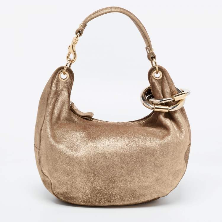Pre Owned Jimmy Choo Metallic Beige Suede Solar Hobo