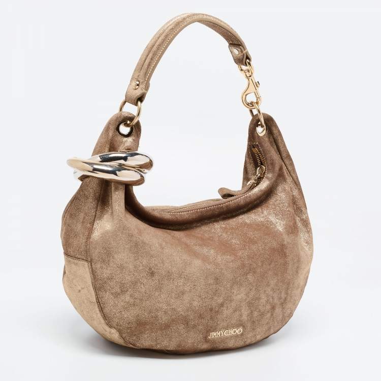 Pre Owned Jimmy Choo Metallic Beige Suede Solar Hobo