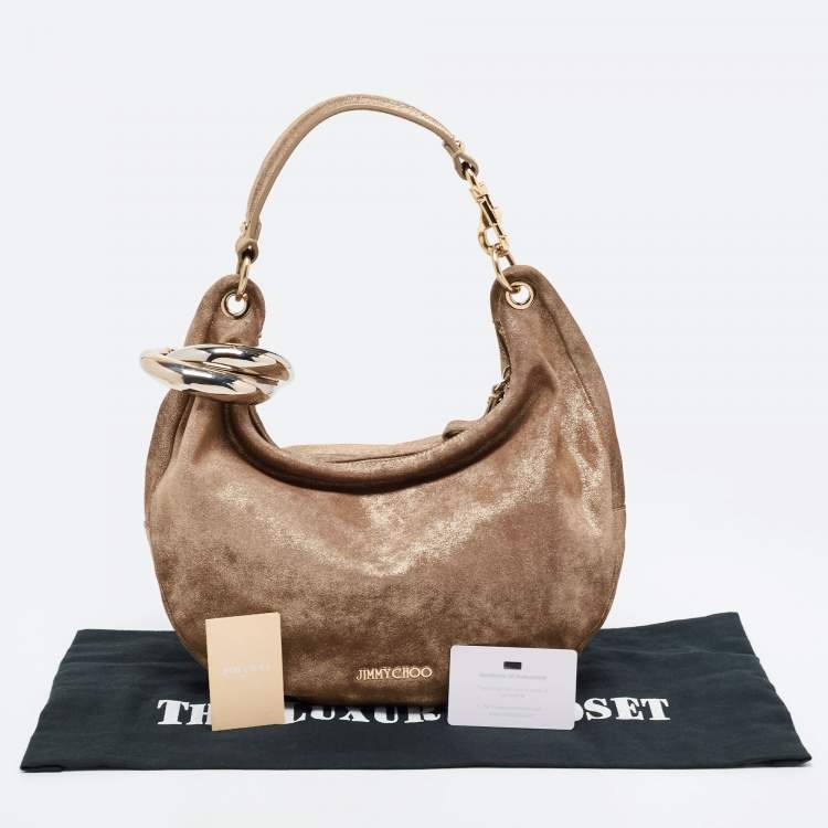 Pre Owned Jimmy Choo Metallic Beige Suede Solar Hobo