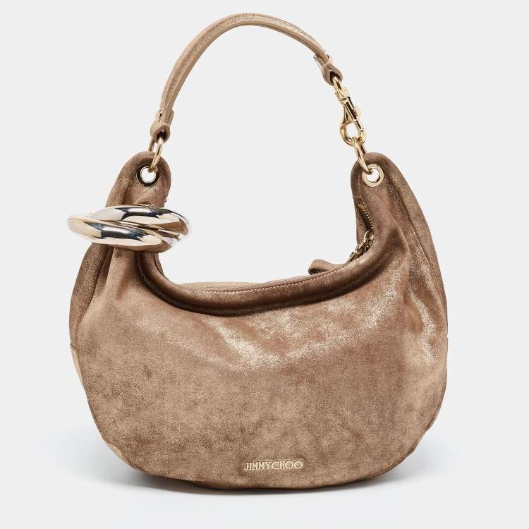 Pre Owned Jimmy Choo Metallic Beige Suede Solar Hobo