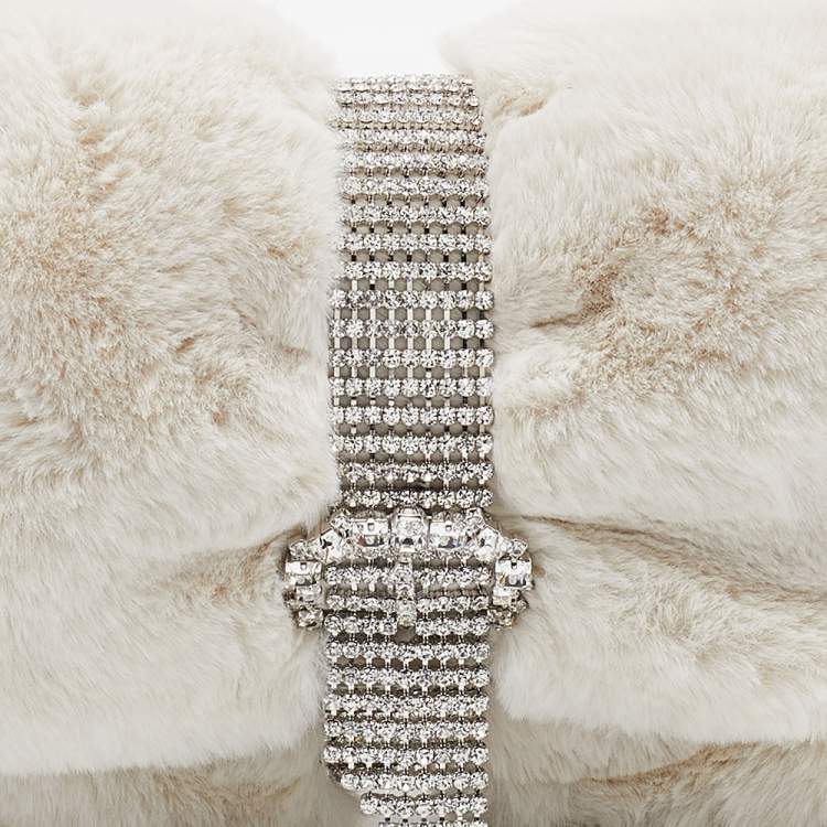 Pre Owned Jimmy Choo White Faux Fur Daisy Crystal Embellished Clutch