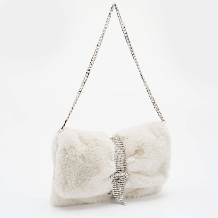 Pre Owned Jimmy Choo White Faux Fur Daisy Crystal Embellished Clutch