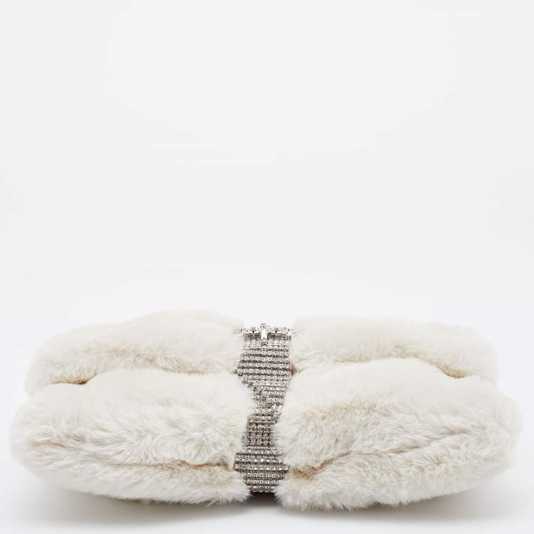 Pre Owned Jimmy Choo White Faux Fur Daisy Crystal Embellished Clutch
