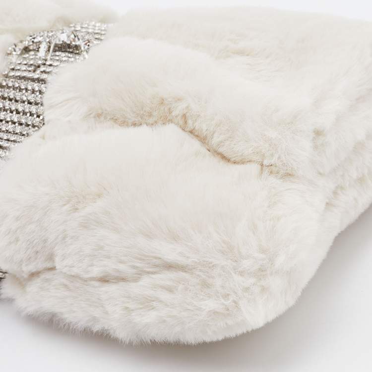 Pre Owned Jimmy Choo White Faux Fur Daisy Crystal Embellished Clutch