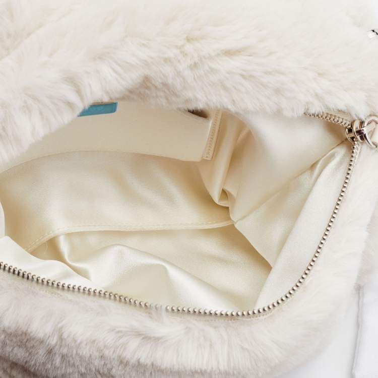Pre Owned Jimmy Choo White Faux Fur Daisy Crystal Embellished Clutch