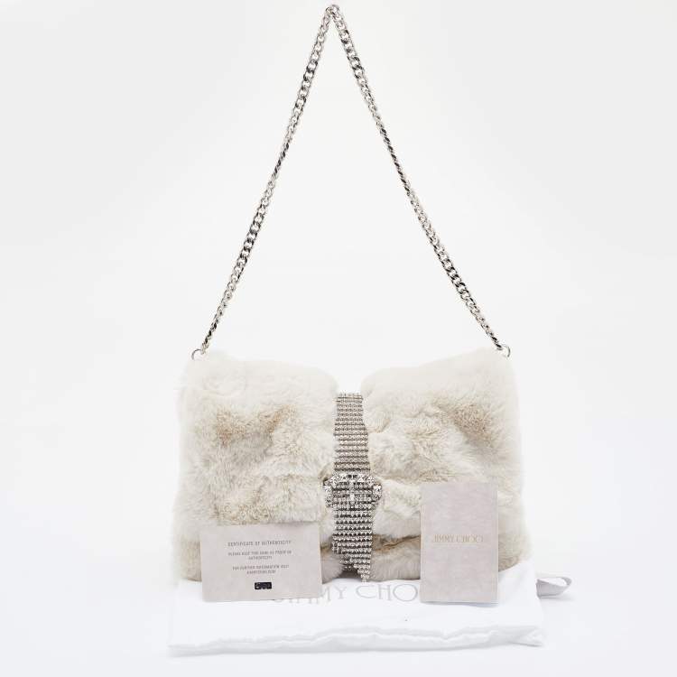 Pre Owned Jimmy Choo White Faux Fur Daisy Crystal Embellished Clutch