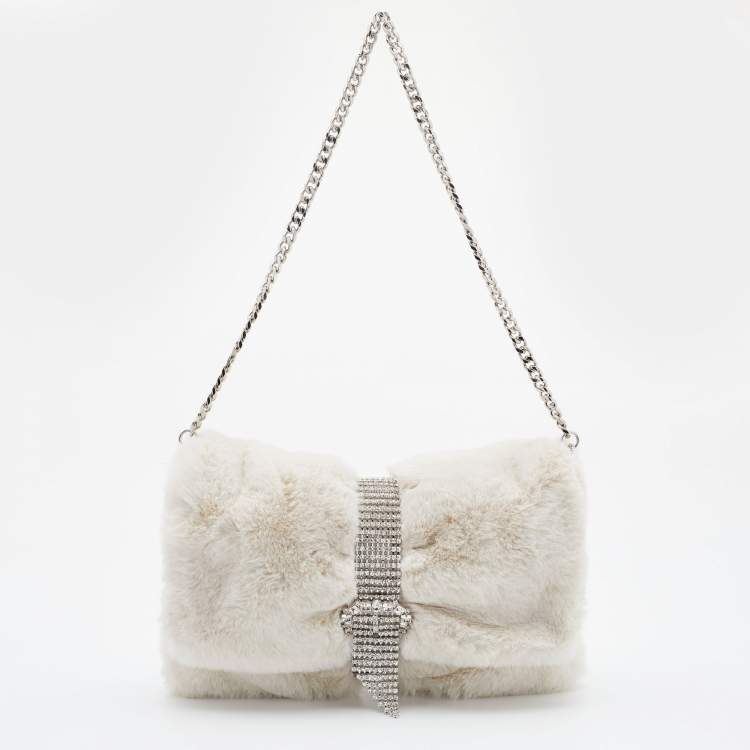 Pre Owned Jimmy Choo White Faux Fur Daisy Crystal Embellished Clutch