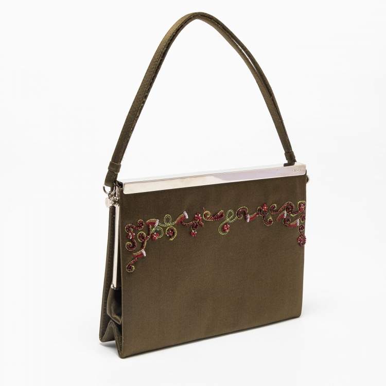 Pre Owned Jimmy Choo Olive Green Satin Frame Beaded Evening Bag