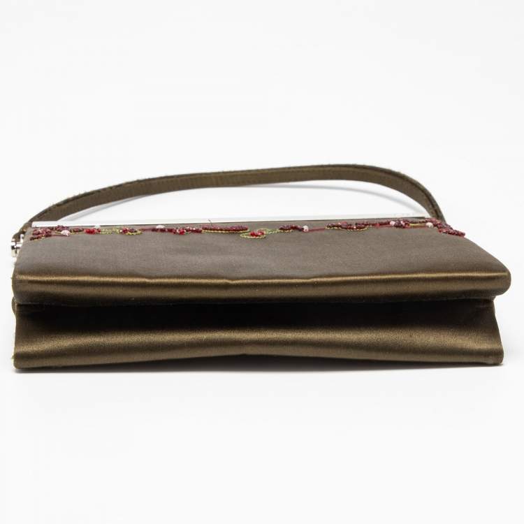 Pre Owned Jimmy Choo Olive Green Satin Frame Beaded Evening Bag