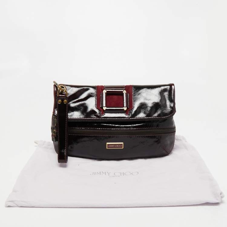 Pre Owned Jimmy Choo Burgundy Patent Leather and Suede Mave Foldover Clutch