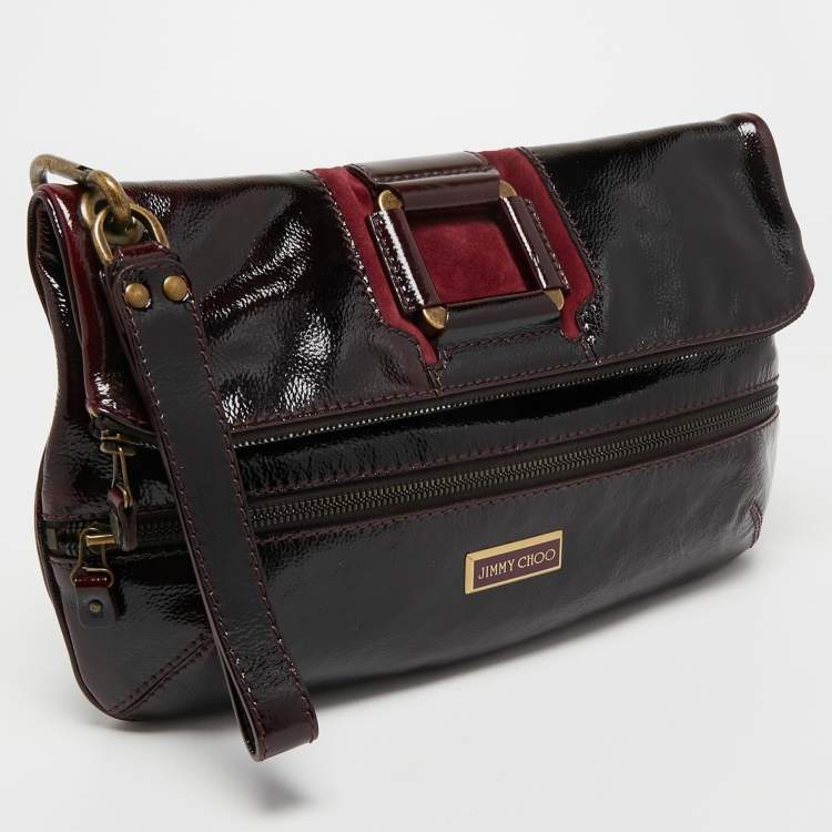 Pre Owned Jimmy Choo Burgundy Patent Leather and Suede Mave Foldover Clutch