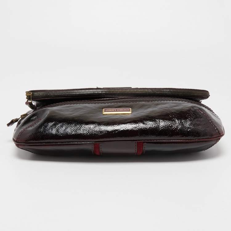 Pre Owned Jimmy Choo Burgundy Patent Leather and Suede Mave Foldover Clutch