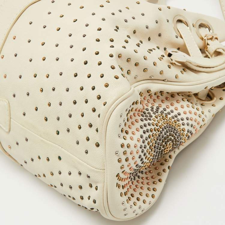 Pre Owned Jimmy Choo Off White Leather Studded Riki Tote
