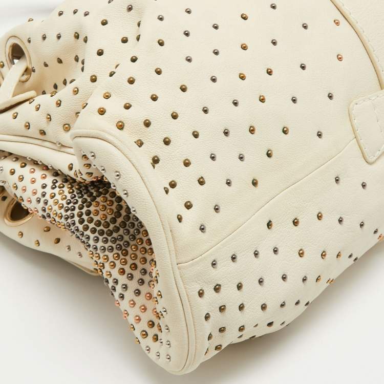 Pre Owned Jimmy Choo Off White Leather Studded Riki Tote