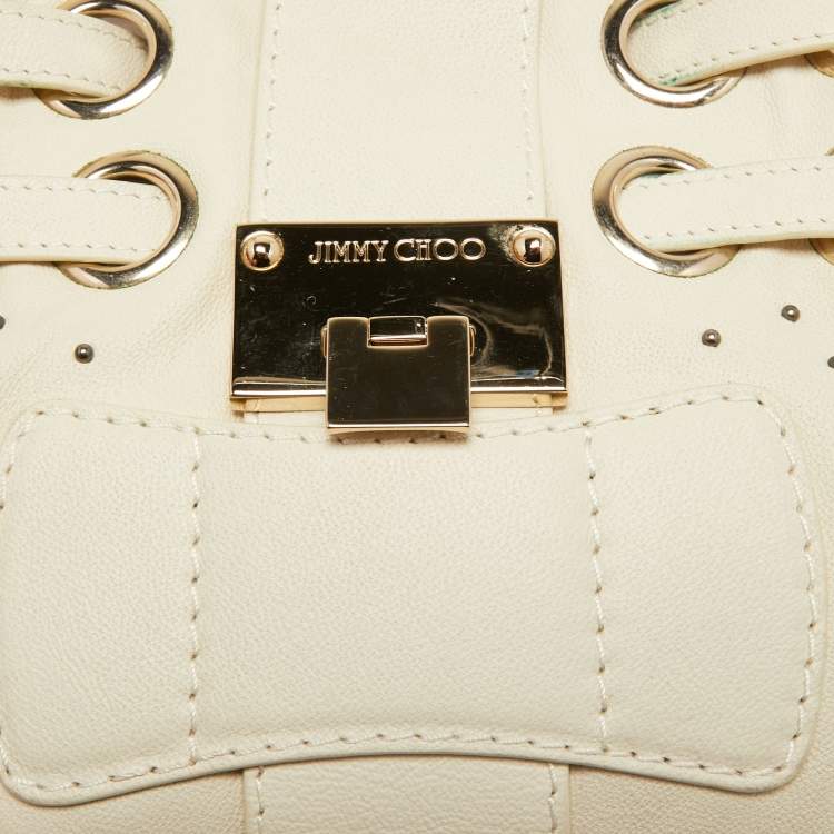 Pre Owned Jimmy Choo Off White Leather Studded Riki Tote
