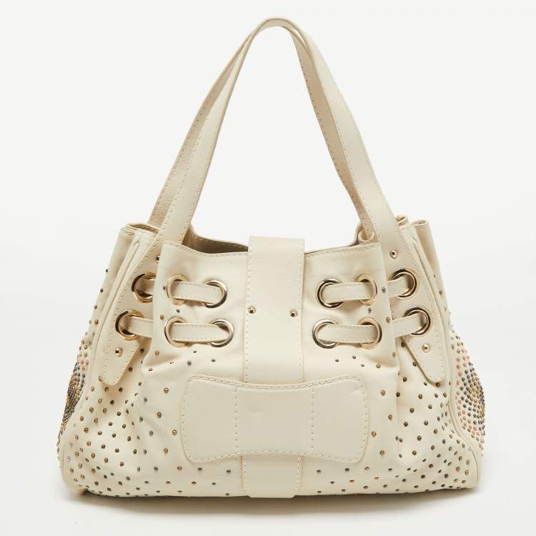 Pre Owned Jimmy Choo Off White Leather Studded Riki Tote