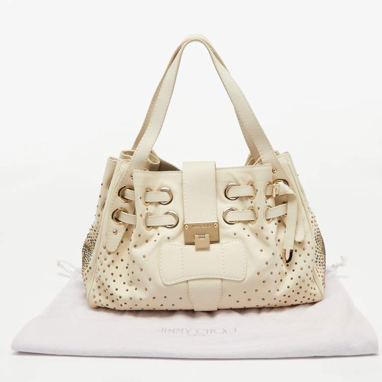 Pre Owned Jimmy Choo Off White Leather Studded Riki Tote