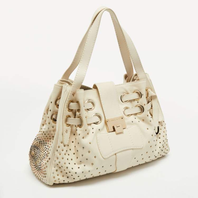Pre Owned Jimmy Choo Off White Leather Studded Riki Tote