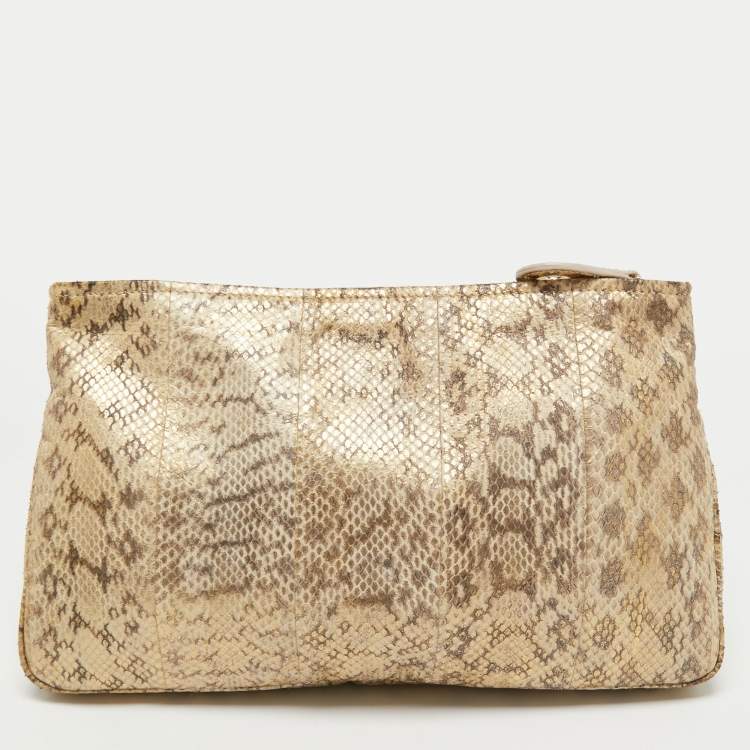 Pre Owned Jimmy Choo Gold Python Leather Clasps Clutch