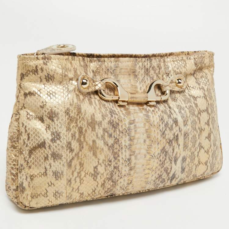 Pre Owned Jimmy Choo Gold Python Leather Clasps Clutch