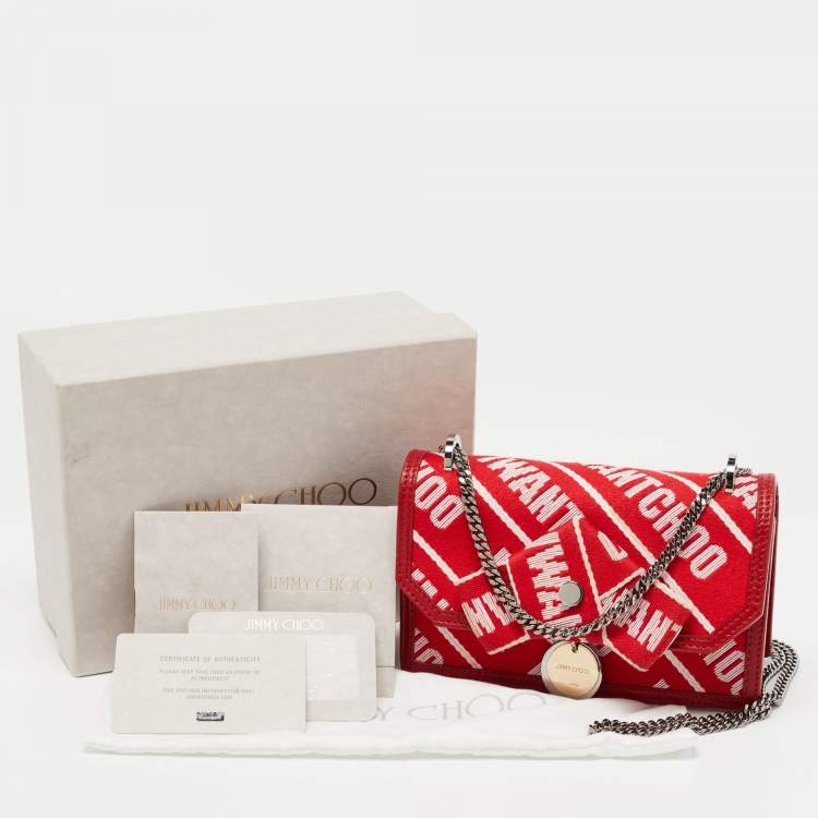 Pre Owned Jimmy Choo Red/White Canvas and Leather Logo Tape Bow Finley Shoulder Bag