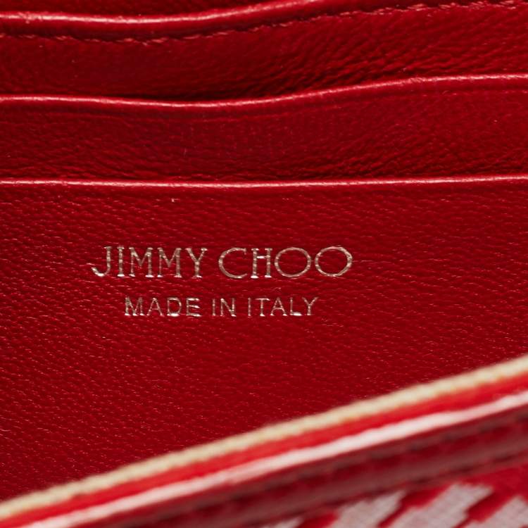 Pre Owned Jimmy Choo Red/White Canvas and Leather Logo Tape Bow Finley Shoulder Bag