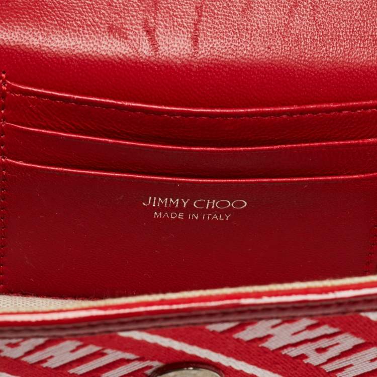 Pre Owned Jimmy Choo Red/White Canvas and Leather Logo Tape Bow Finley Shoulder Bag