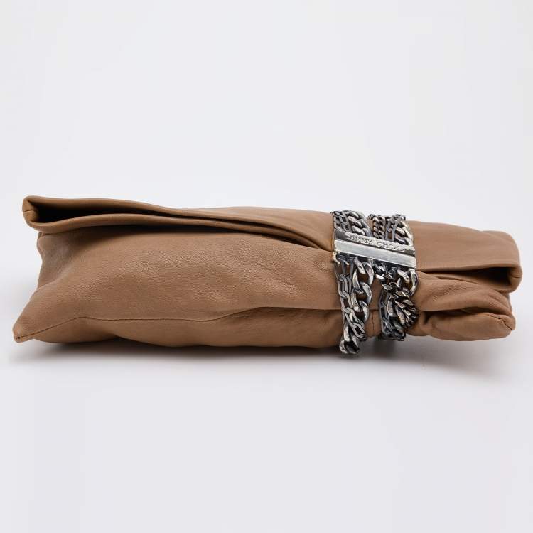 Pre Owned Jimmy Choo Beige Leather Chandra Fold over Clutch